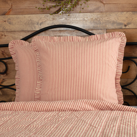 Sawyer Mill Red Ticking Stripe Fabric Euro Sham 26x26  features repeating, red ticking stripes woven into dark creme cotton base fabric, Primitive Country Farmhouse Bedding Home Decor.