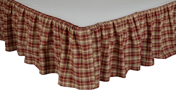 Beckham Bed Skirt, red serves as the base fabric and tan and black are added to create a cabin plaid. Primitive Country Farmhouse Dust Ruffle Home Decor.
