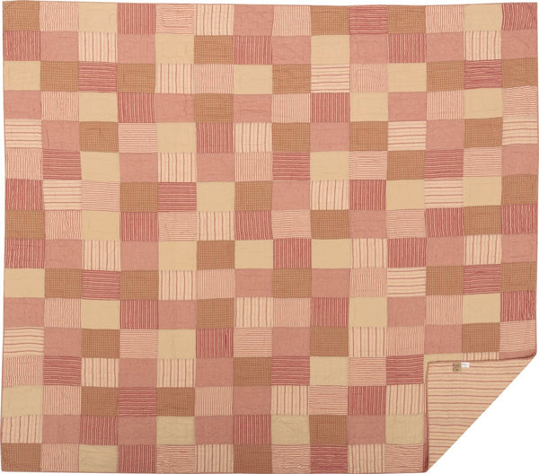 Sawyer Mill Red California King Quilt 130Wx115L, features simple block pattern in various plaid and stripes, work perfectly to set a Farmhouse mood for the bedroom. This cozy quilt is ash  Red, Dark Tan, Dark Creme, Primitive Country Farmhouse  Quilted Bedding.
