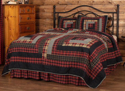 Cumberland California King Quilt Set - 1 Quilt and 2 Shams. This rustic quilt and sham set has chili pepper reds, caviar blacks, and natural tans in four large log cabin blocks with plaid and chambray. Visit website for FREE s/h & discount offers. Primitive Country Farmhouse Log Cabin Quilted Bedding.
