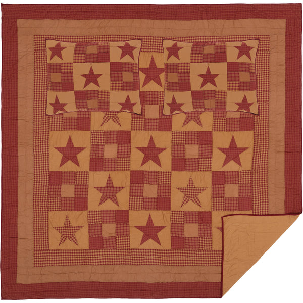 Ninepatch Star Queen Quilt Set; 1 Quilt and 2 Shams, burgundy and dark tan check and plaid blocks with an array of country plaid stars, Primitive Country Farmhouse Quilted Bedding Home Decor.