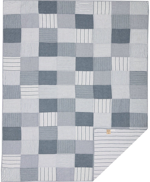 Sawyer Mill Blue Twin Quilt 68Wx86L, simple block pattern in various plaid and stripes, denim blue soft white fabric. Primitive Country Farmhouse Bedding Home Decor.