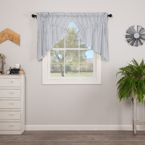 Sawyer Mill Blue Ticking Stripe Prairie Swag Set of 2 36x36x18 features repeating denim blue ticking stripes woven onto a soft white base. Primitive Country Farmhouse Window Treatments Curtains Home Decor.