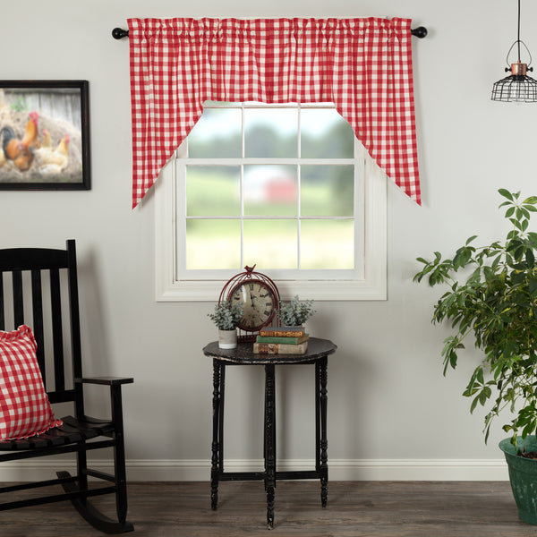 Annie Buffalo Red Check Swag Set of 2 36x36x16, Country Red, Antique Creme, Primitive Country Farmhouse Window Treatments Curtains Home Decor.