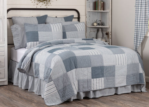 Sawyer Mill Blue King Quilt 105Wx95L, simple block pattern in various plaid and stripes work perfectly to set a Farmhouse mood , denim blue, soft white. Primitive Country Farmhouse Bedding Home Decor.