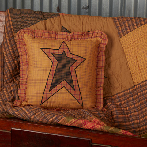 Stratton Applique Star Pillow 12x12, combines plaid and check in tan, red, and black, displayed in the center is an appliqued star for added texture and rustic charm. Primitive Country Farmhouse Bedding Home Decor.