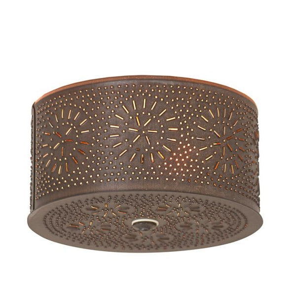 2-Light Flush Mount Round Ceiling Light with Chisel in Country Tin