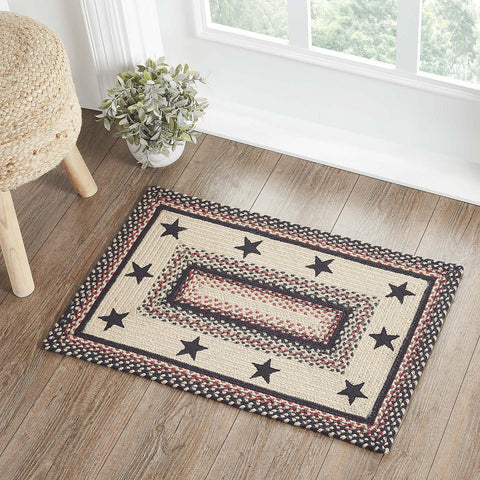 Colonial Star Jute Rug Rect w/ Pad 20x30, with woven braids of Natural, Country Black, Bright Red finished with applique black stars. Visit website for FREE s/h & discount offers. Primitive Country Farmhouse Home Decor.