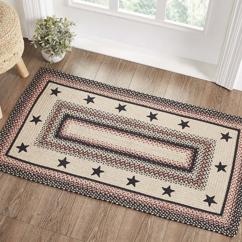 Colonial Star Jute Rug Rect w/ Pad 27x48, features woven jute braids of Natural, Country Black, Bright Red finished with applique stars. Visit website for FREE s/h & discount offers. Primitive Country Farmhouse Home Decor.