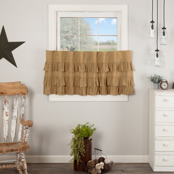 Simple Life Flax Khaki Ruffled Tier Set of 2 L24xW36, Primitive Country Farmhouse Window Treatments Curtains Home Decor.