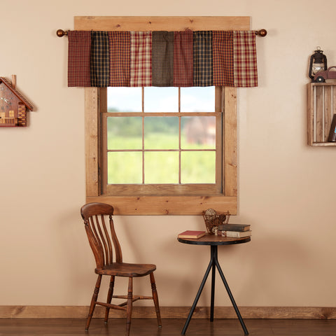 Beckham Patchwork Valance 16x60, features rust red, khaki, and soft black plaids that sets the tone for a outdoorsy, lodge or cabin-inspired home. Primitive Country Farmhouse Window Treatments Curtains Home Decor.