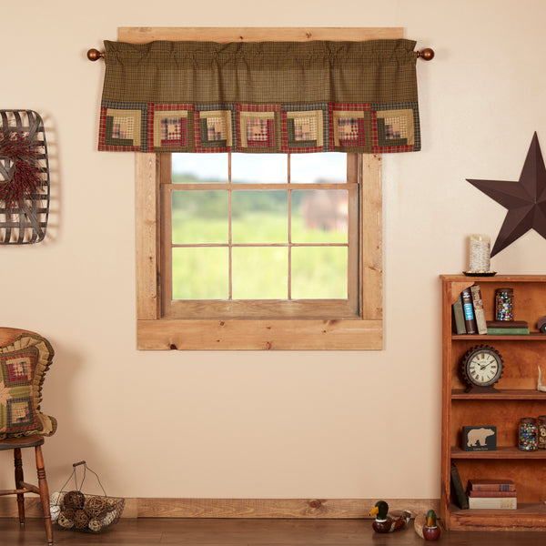 Tea Cabin Valance with log cabin block border (20x60). Rustic green, tan, and red plaid design lined in white cotton for cozy farmhouse or lodge style.