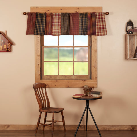 Beckham Patchwork Valance 16x72, features rust red, khaki, and soft black plaids that sets the tone for a outdoorsy, lodge or cabin-inspired home. Primitive Country Farmhouse Window Treatments Curtains Home Decor.