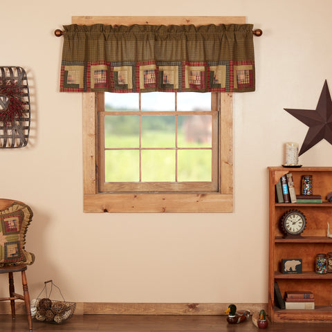 Tea Cabin Valance Log Cabin Block Border 20x72, green and tan plaid background while beautifully showcasing unique square patchwork in green, tan and red along the bottom. Primitive Country Farmhouse Window Treatments Curtains Home Decor.