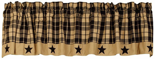 Black Farmhouse Star Valance has big cream and black plaid design and is made of 100% cotton with black star appliques. Primitive Country Farmhouse Window Treatments Curtains Home Decor.