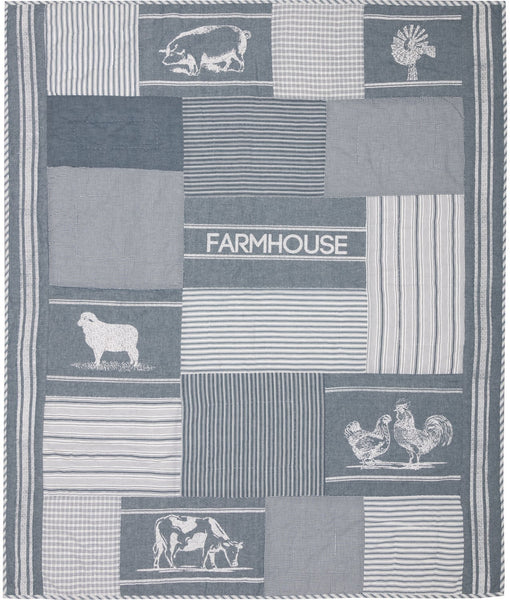 Sawyer Mill Blue Farm Animal Quilted Throw 60x50, denim blue, soft white fabrics with irregular block layout in various plaid and striped Farmhouse fabrics, accented by stenciled farm themes, Primitive Country Farmhouse Bedding Home Decor Blanket.