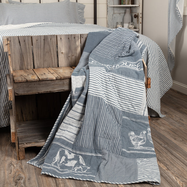 Sawyer Mill Blue Farm Animal Quilted Throw 60x50, denim blue, soft white fabrics with irregular block layout in various plaid and striped Farmhouse fabrics, accented by stenciled farm themes, Primitive Country Farmhouse Bedding Home Decor Blanket.