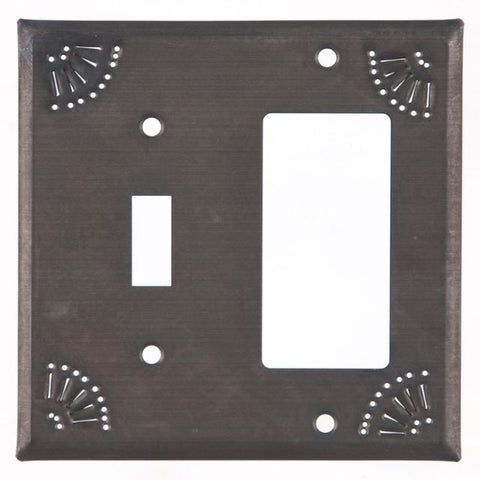 Switch and Rocker Cover with Chisel in Blackened Tin  Add a touch of handmade to your wall outlets and switches with tin wall plates that have been created by our dedicated team of craftsmen with great pride and attention to detail.  Blackened Tin Wall Plates with Chisel design are available in many of the popular combinations. Handcrafted in Pennsylvania.