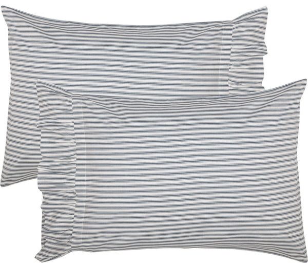 Sawyer Mill Blue Ticking Stripe Standard Pillow Case Set of 2 21x30 features repeating denim blue ticking stripes on a soft white base. Primitive Country Farmhouse Bedding Home Decor.
