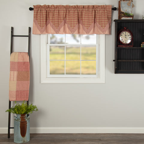 Sawyer Mill Red Valance Layered 20x72, features country red plaid on a dark tan base, layered over repeating ticking stripes. Primitive Country Farmhouse Window Treatments Curtains Home Decor.