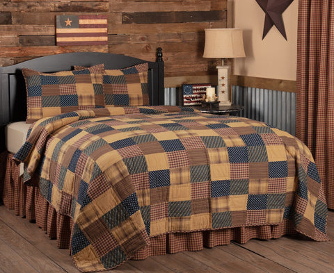 Patriotic Patch Twin Quilt Set; 1 Quilt and 1 Sham, Americana prints with plaids, stripes and checks, deep red, khaki, navy. Primitive country farmhouse quilted bedding home decor.