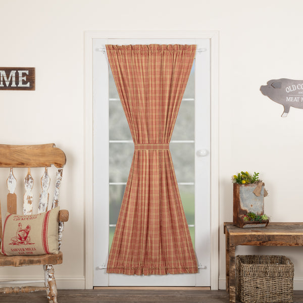 Sawyer Mill Red Plaid Door Panel 72x42:  Let a little sunshine in or block it out with the Miller Farm Charcoal Plaid Door Panel Curtain featuring a rod pocket at the top and bottom for proper hanging in large scale colored plaid woven into a solid base. Primitive Country Farmhouse Window Treatments Curtains Home Decor.