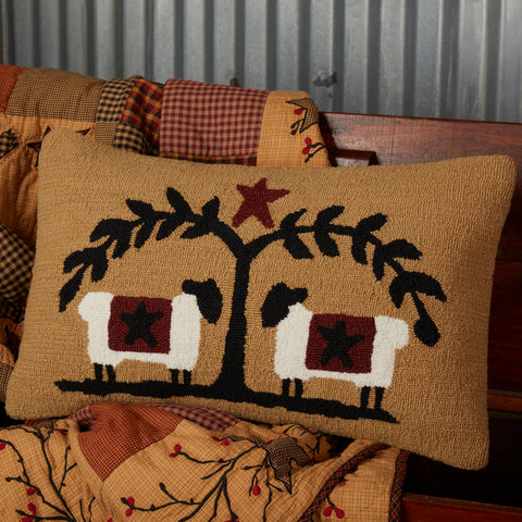 Heritage Farms Sheep and Star Hooked Pillow 14x22, stars and two sheep under a wistful-looking tree to create a traditional, homespun look. Primitive Country Farmhouse Bedding Home Decor.