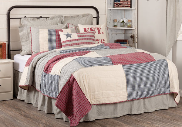Hatteras Patch California King Quilt 130Wx115L, Seersucker fabric in classic patchwork are united in American red, cotton white, and denim blue - all pieced together in a mix of square and rectangular patchwork. Primitive Country Farmhouse Bedding Home Decor.