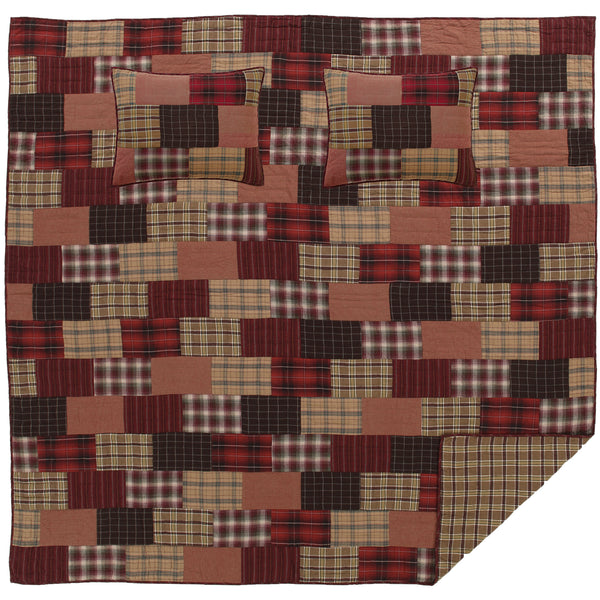 Wyatt California King Quilt Set including 1 Quilt 130Wx115L and 2 Shams 21x37. This rustic quilt and sham set beautifully displays crimson, khaki, and dark brown plaid and stripes. Primitive Country Farmhouse Lodge Quilted Bedding Home Decor.