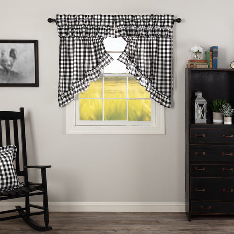 Annie Buffalo Black Check Ruffled Prairie Swag Set of 2 36x36x18, Country Black, Soft White, Primitive Country Farmhouse Window Treatments Curtains Home Decor.