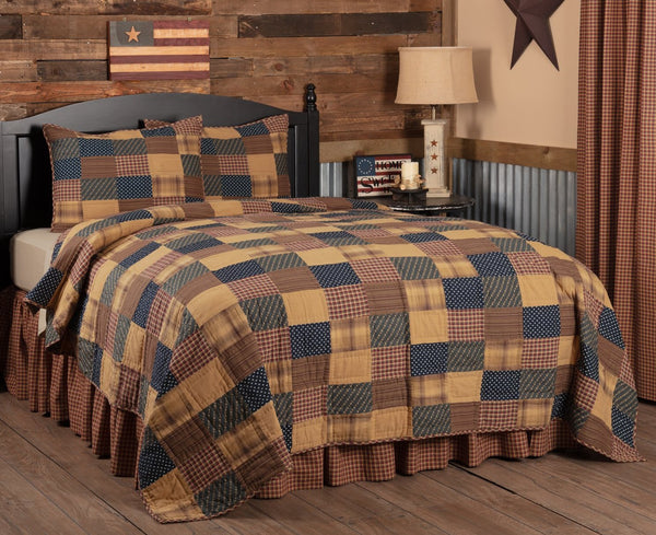 Patriotic Patch California King Quilt Set; 1 Quilt and 2 shams, Deep Red, Khaki, Navy, Americana, Primitive Country Farmhouse Quilted Bedding Home Decor.