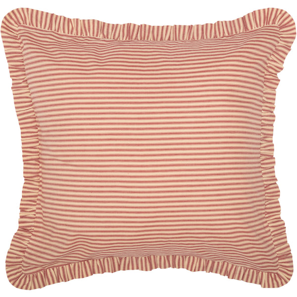Sawyer Mill Red Ticking Stripe Fabric Euro Sham 26x26  features repeating, red ticking stripes woven into dark creme cotton base fabric, Primitive Country Farmhouse Bedding Home Decor.