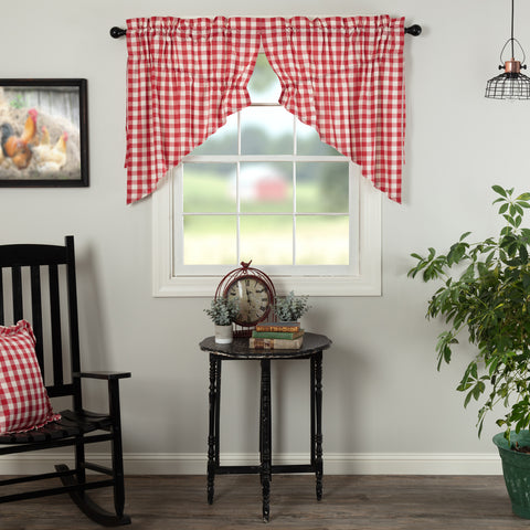 Annie Buffalo Red Check Prairie Swag Set of 2 36x36x18,  large scale red and white checks, Primitive Country Farmhouse Window Treatments Curtains Home DEcor.