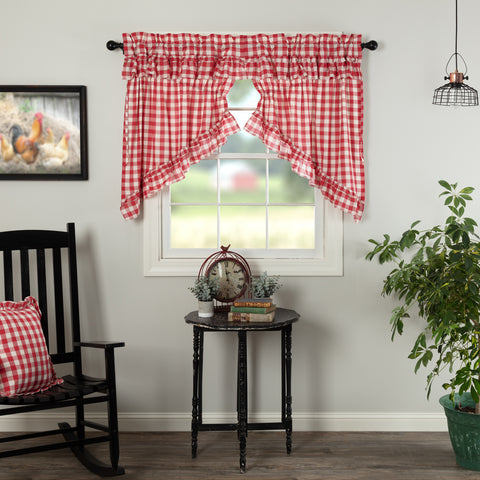 Annie Buffalo Red Check Ruffled Prairie Swag Set of 2 36x36x18, Country Red, Antique Creme, Primitive Country Farmhouse Window Treatments Curtains Home Decor.