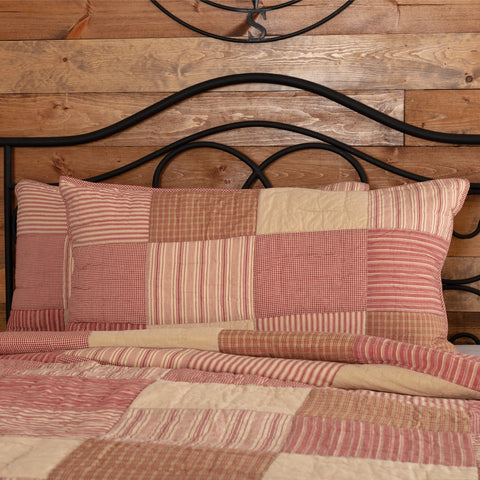 Sawyer Mill Red King Sham 21x37 features various farmhouse stripes and plaid fabrics in colors of  Country Red, Dark Tan, Dark Creme . Primitive Country Farmhouse Bedding Home Decor.
