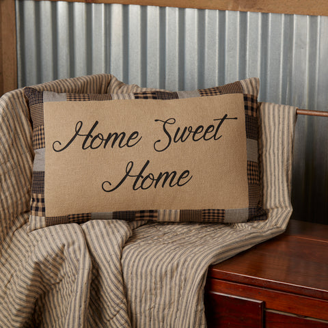 Farmhouse Star Home Sweet Home Pillow 14x22 features burlap fabric with "Home Steet Home" stenciled in black, bordered with patches of fabric from the Farmhouse Star Bedding Collection. Primitive Country Farmhouse Bedding Home Decor.