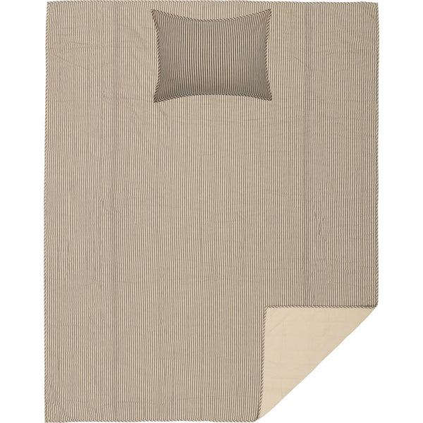 Sawyer Mill Charcoal Ticking Stripe Twin Quilt Set; 1-Quilt 68Wx86L w/1 Sham 21x27, repeating, black ticking stripes woven into dark creme cotton base fabric. Primitive Country Farmhouse Bedding Home Decor.