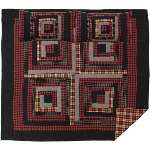 Cumberland King Quilt Set- 1 Quilt and 2 shams. features chili pepper reds, caviar blacks, and natural tans with large log cabin blocks with plaid and chambray. Visit website for FREE s/h & discount offers. Rustic Primitive Country Farmhouse Bedding Home Decor