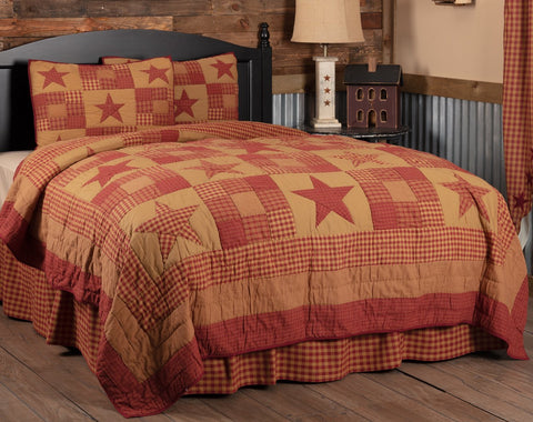 Ninepatch Star California King Quilt Set; 1 Quilt and 2 shams, lternating large burgundy stars with burgundy and khaki multi fabric blocks , Primitive Country Farmhouse Quilted Bedding Home Decor.