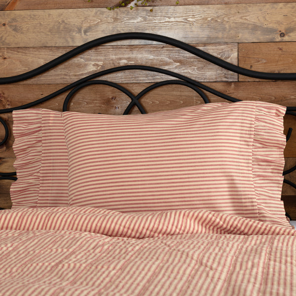 Sawyer Mill Red Ticking Stripe Standard Pillow Case Set of 2 21x30 features repeating country red ticking stripes on a dark tan base. Primitive Country Farmhouse Bedding Home Decor.