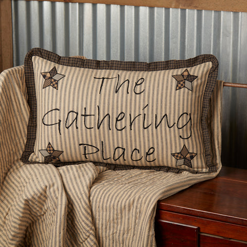 Farmhouse Star Gathering Place Pillow 14x22, ticking stripe fabric with "The Gathering Place" embroiders in the center. Has 4 appliqued stars in the corners with a charcoal grey ruffle. Primitive Country Farmhouse Bedding Home Decor.