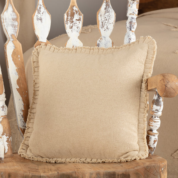 Burlap Vintage Pillow w/ Fringed Ruffle 18x18, Primitive Country Farmhouse Bedding Home Decor.