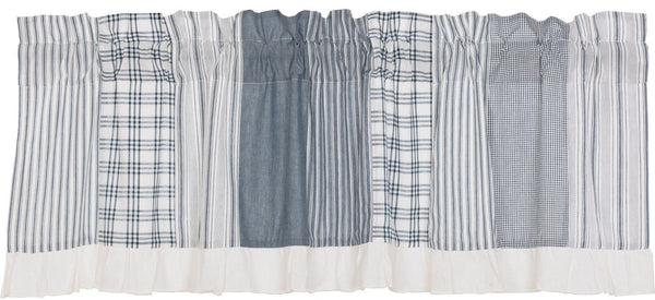 Sawyer Mill Blue Patchwork Valance 19x60, Sawyer Mill Blue Patchwork Valance with its vertical strips of denim blue and soft white plaid and striped patches. Window Treatment Curtains Primitive Country Farmhouse Home Decor.