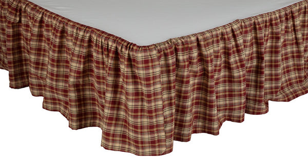 Beckham Plaid Twin Bed Skirt 39x76x16, red serves as the base fabric and tan and black are added to create a cabin plaid. Primitive Country Farmhouse Dust Ruffle Bedding Home Decor.