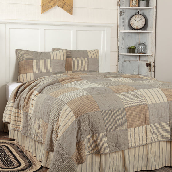 Sawyer Mill Charcoal King Quilt Set; 1-Quilt 105Wx95L w/2 Shams 21x37, charcoal grey, khaki, and creme fabrics with simple brick layout in various plaid and striped Farmhouse fabrics. Primitive Country Farmhouse Bedding Home Decor.