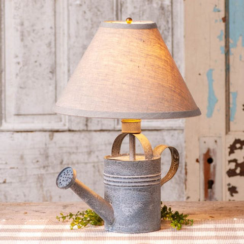 Add some vintage flair to your sunroom or any room of your country cottage or farmhouse with this lovely Watering Can Lamp with Shade. The solid metal watering can base with the aged gray finish looks like it was pulled from some garden in the past. Visit website for FREE s/h & discount offers. Primitive Country Farmh…