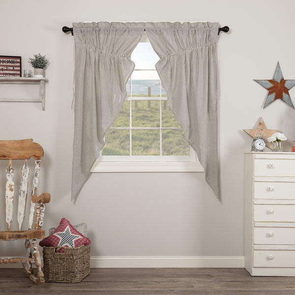 Hatteras Seersucker Blue Ticking Stripe Prairie Short Panel Set of 2 63x36x18, denim blue on cotton white give a vintage "worn" look of faded jeans, matched with classic ticking stripes to add visual appeal. Primitive Country farmhouse Window Treatments Curtains Home Decor.