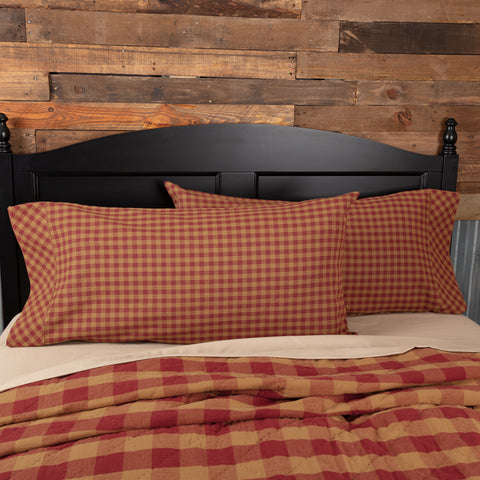 The Burgundy Check King Pillow Case Set of 2 21x40 features a bold burgundy and tan with straight edges for a timeless, primitive look. Primitive Country Farmhouse Bedding Home Decor.