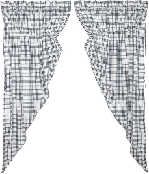 Sawyer Mill Blue Plaid Prairie Short Panel Set of 2 63x36x18, soft white under a tasteful large scale denim blue plaid. Primitive Country Farmhouse Window Treatments Curtains Home Decor.