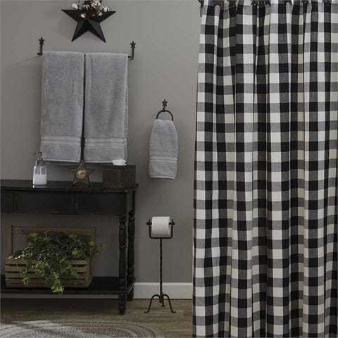 Wicklow Shower Curtain - Black features black and tan large buffalo checks. The warm black & tan blends beautifully to provide a classic farmhouse look to your bathroom. 